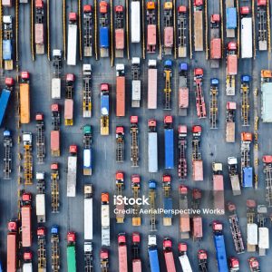 Aerial View of Trucks Entering Container Terminal