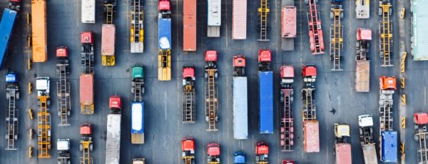 Aerial View of Trucks Entering Container Terminal
